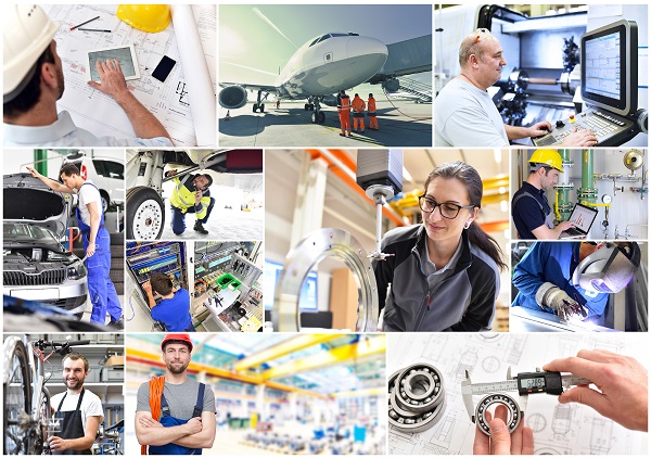 Collage aus mehreren Bildern, die Menschen bei verschiedenen technischen und handwerklichen Tätigkeiten zeigen.