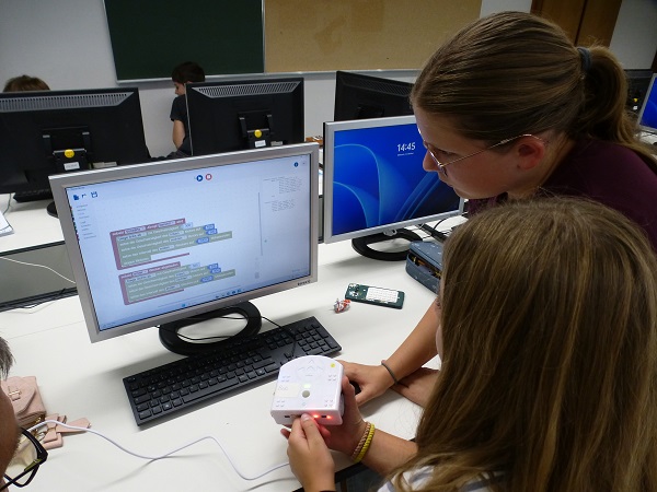 Rückenansicht zweier Kinder, die an einem Computer etwas programmieren.