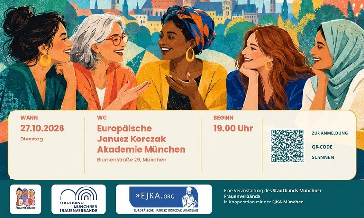 Plakat zum Diskussionsabend. Abgebildet ist eine Zeichnung, auf der sich fünf Frauen austauschen.